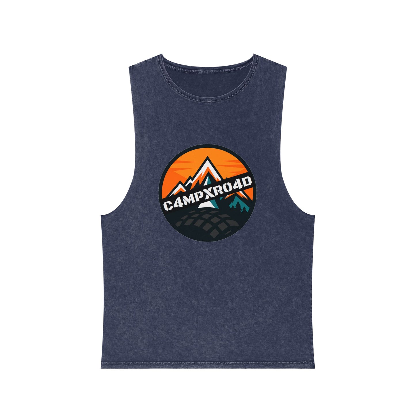 C4MPXRO4D Rounded Shield Camper Badge Tank Top | stonewash black, retro stencil logo