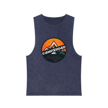 C4MPXRO4D Rounded Shield Camper Badge Tank Top | stonewash black, retro stencil logo