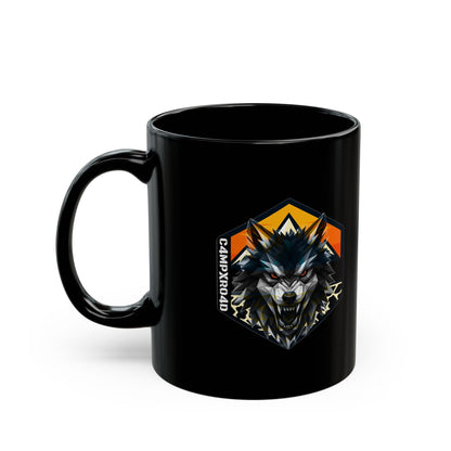C4MPXRO4D Wolf Shield Camper Badge Mug | Black Ceramic Coffee Mug