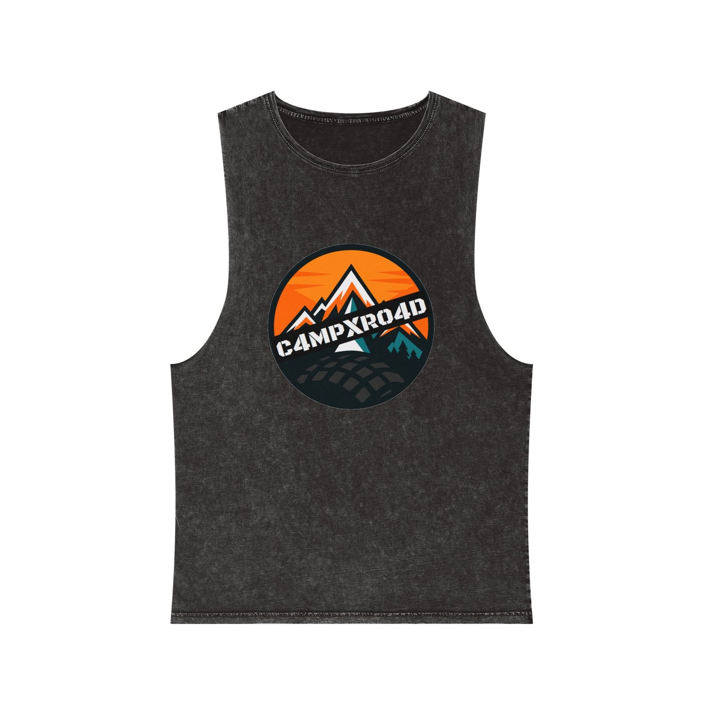 C4MPXRO4D Rounded Shield Camper Badge Tank Top | stonewash black, retro stencil logo
