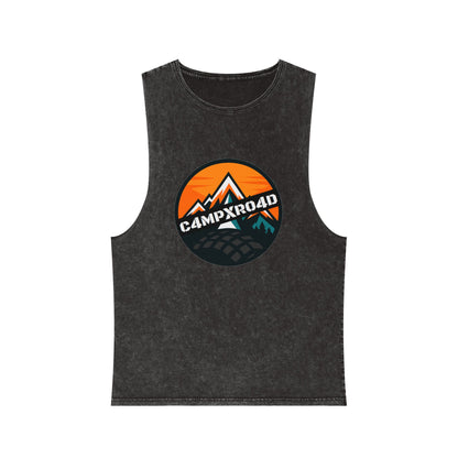 C4MPXRO4D Rounded Shield Camper Badge Tank Top | stonewash black, retro stencil logo