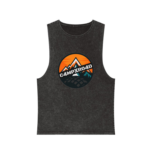 C4MPXRO4D Rounded Shield Camper Badge Tank Top | stonewash black, retro stencil logo