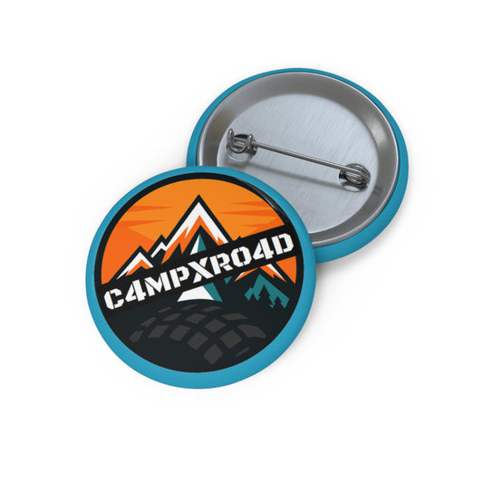 C4MPXRO4D Rounded Shield Camper Badge Pin Button | Custom Round Badge, Black Logo Button