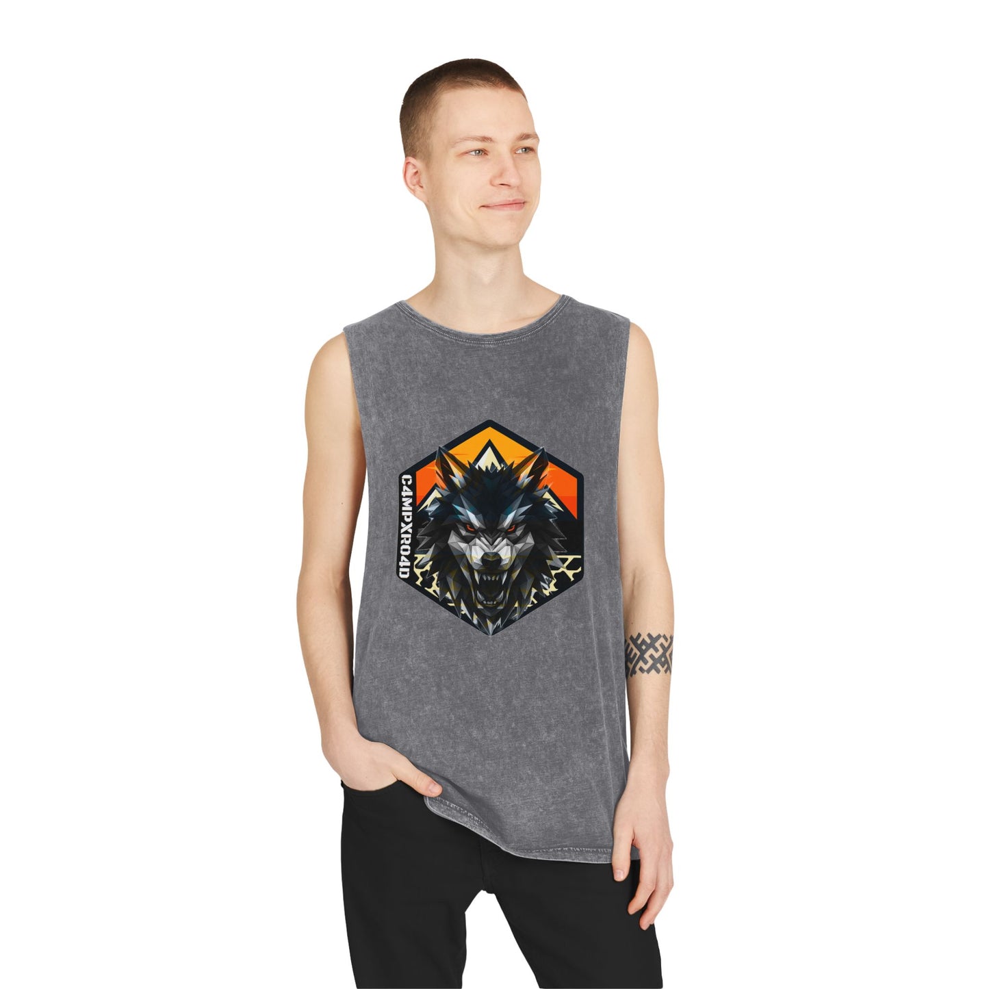 C4MPXRO4D Wolf Shield Camper Badge Tank Top | stonewash black, retro stencil logo