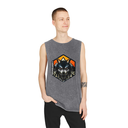 C4MPXRO4D Wolf Shield Camper Badge Tank Top | stonewash black, retro stencil logo