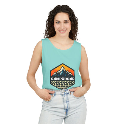 C4MPXRO4D Hexa Shield Camper Badge Tank Top | Graphic camping text tee