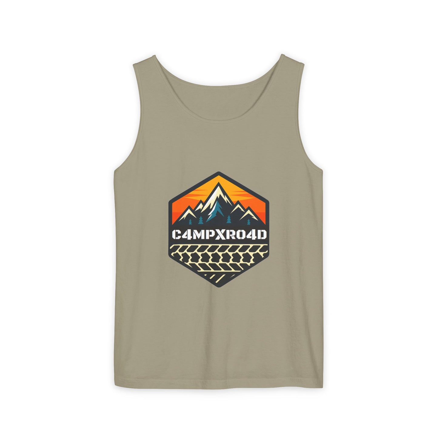 C4MPXRO4D Hexa Shield Camper Badge Tank Top | Graphic camping text tee
