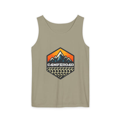C4MPXRO4D Hexa Shield Camper Badge Tank Top | Graphic camping text tee
