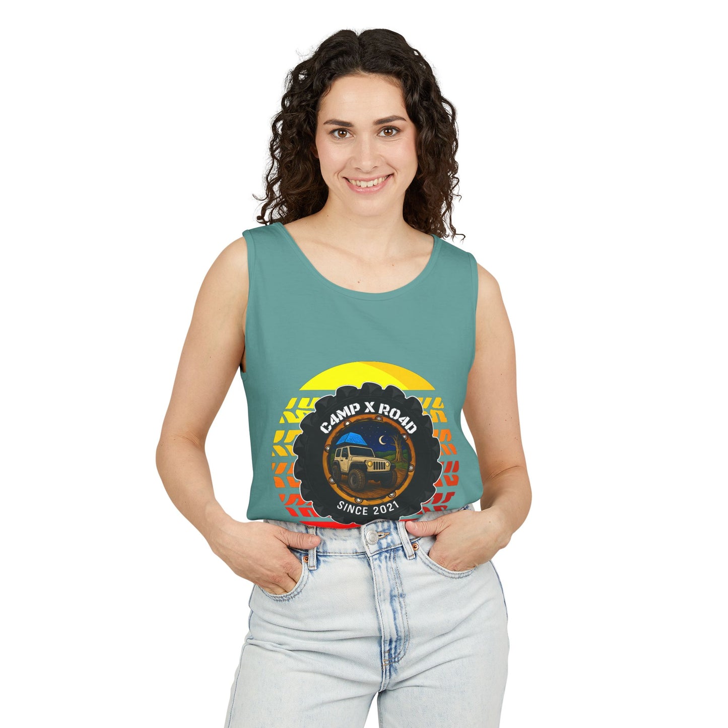 C4MPXRO4D Summer Camper Badge Tank Top | Graphic camping text tee