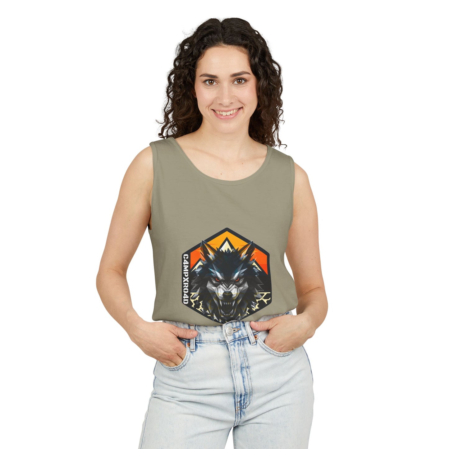 C4MPXRO4D Wolf Shield Camper Badge Tank Top | Graphic camping text tee