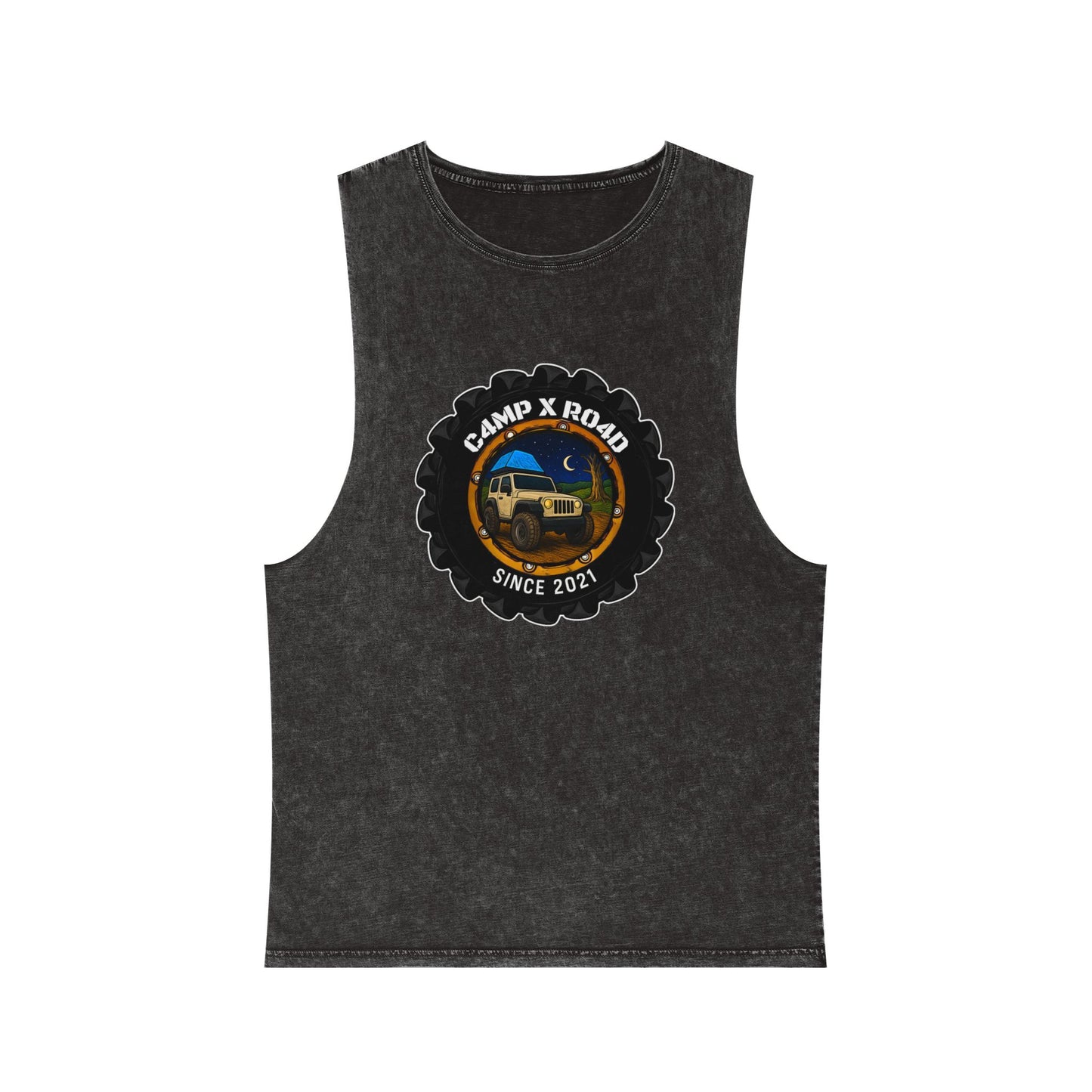 C4MPXRO4D Camper Badge Tank Top | stonewash black, retro stencil logo