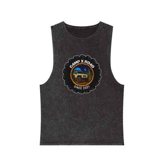 C4MPXRO4D Camper Badge Tank Top | stonewash black, retro stencil logo