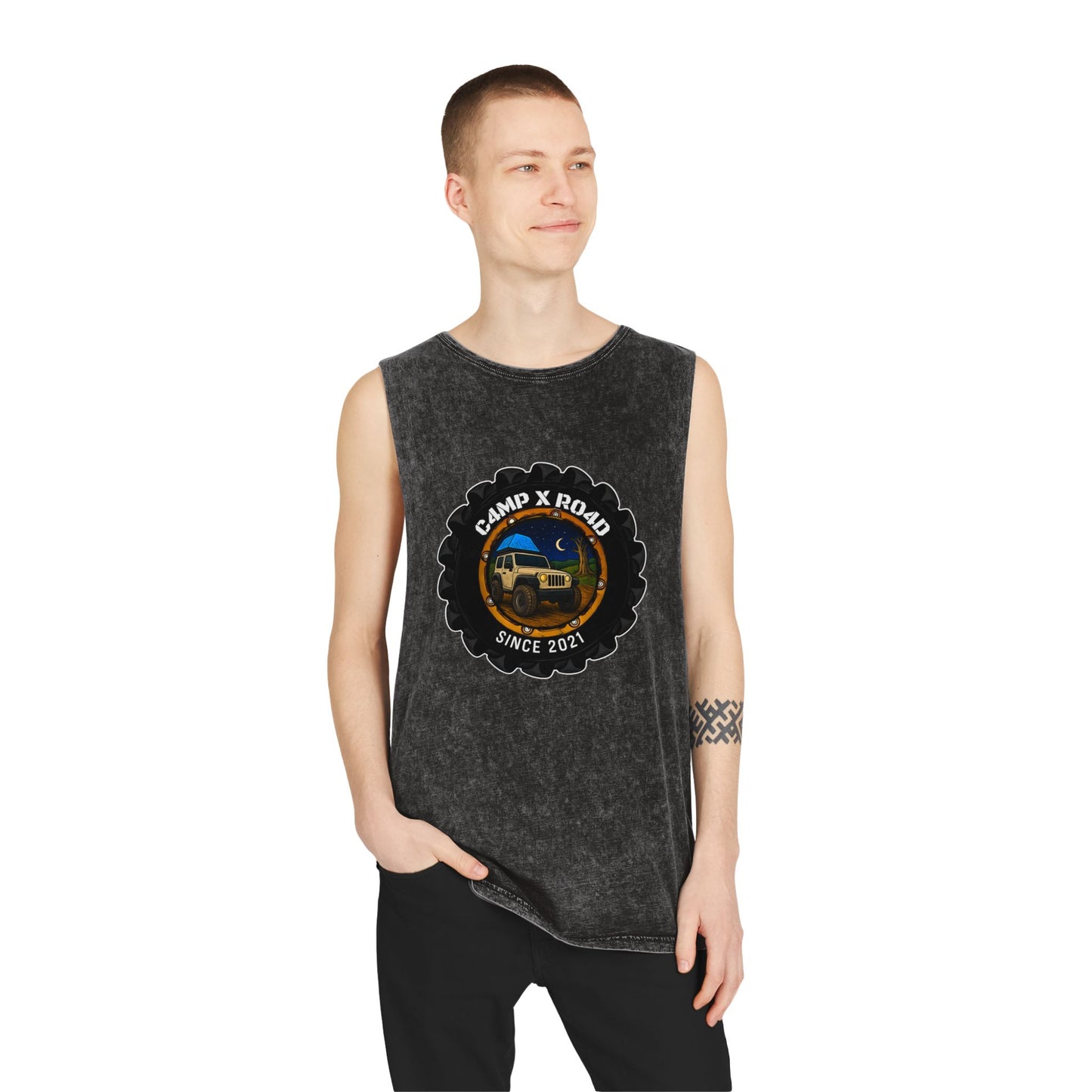 C4MPXRO4D Camper Badge Tank Top | stonewash black, retro stencil logo