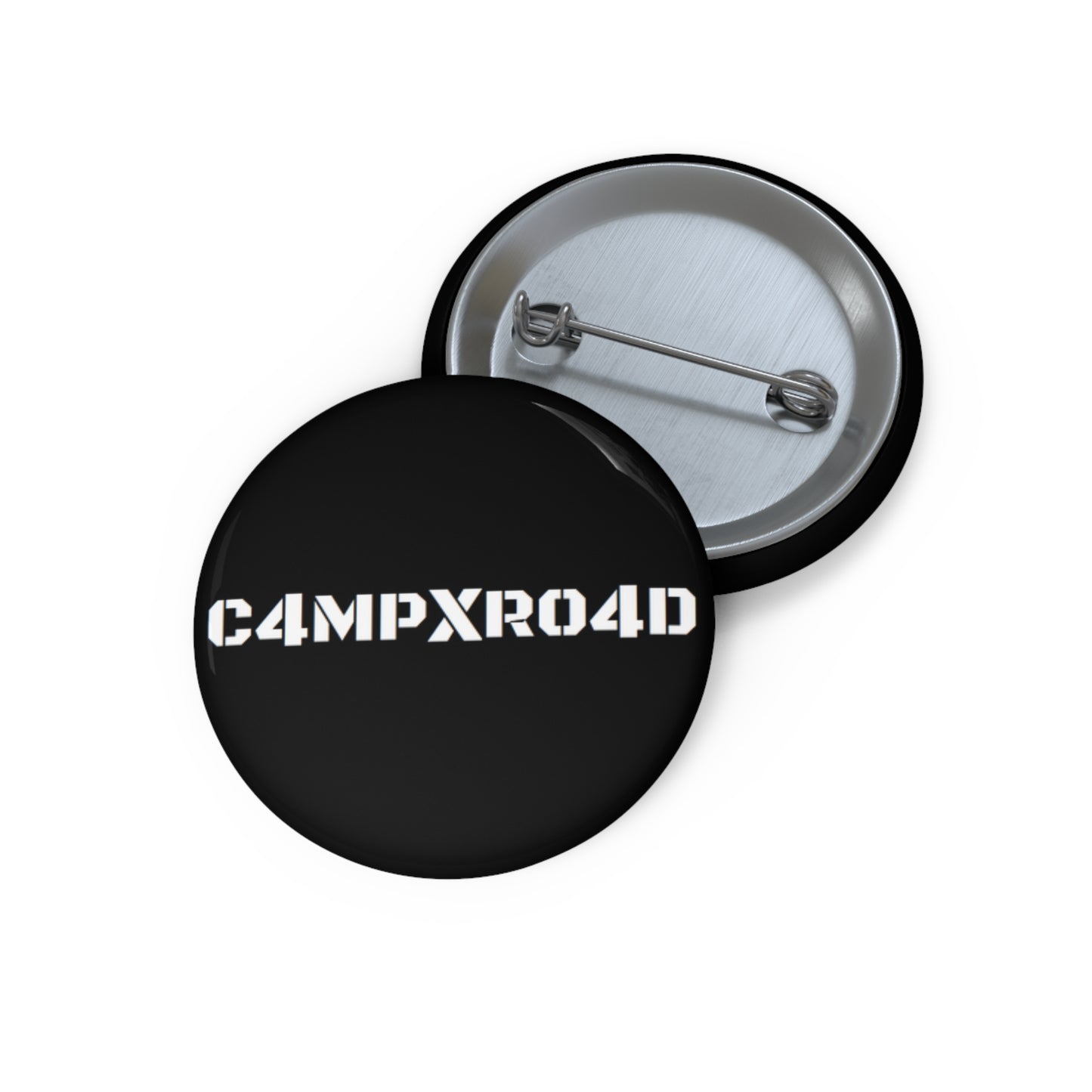 C4MPXR04D Text Pin Button | Custom Round Badge, Black Logo Button
