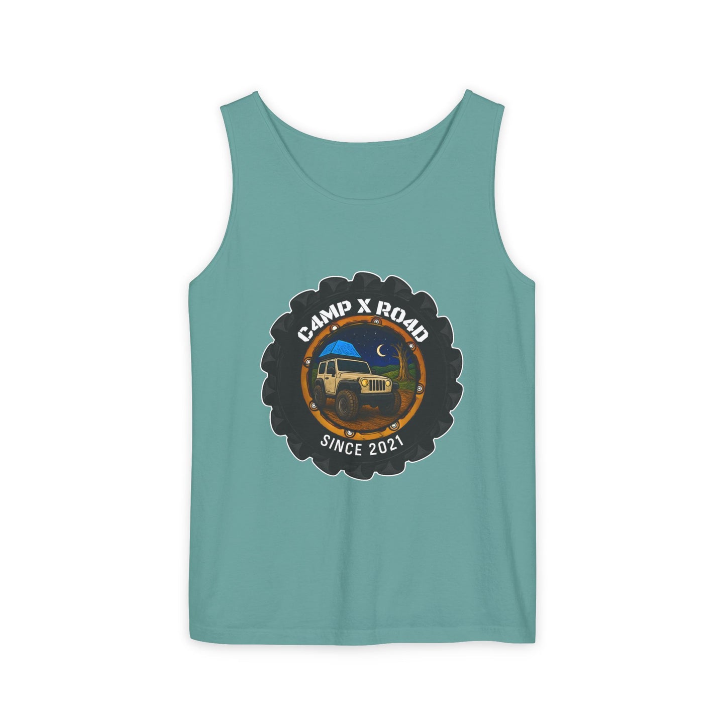 C4MPXRO4D Camper Badge Tank Top | Graphic camping text tee