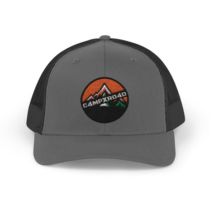 C4MPXRO4D Rounded Shield Camper Badge Cap | Trucker Snapback Mesh Hat