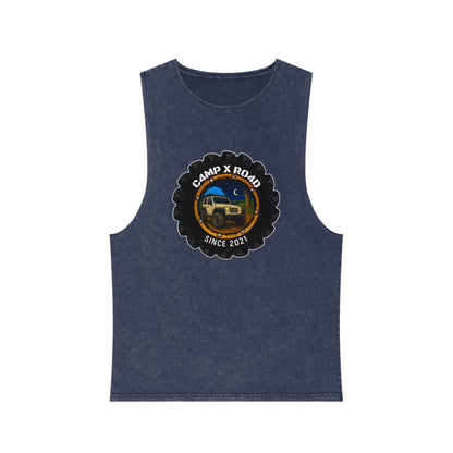 C4MPXRO4D Camper Badge Tank Top | stonewash black, retro stencil logo