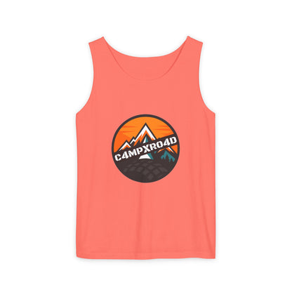 C4MPXRO4D Rounded Shield Camper Badge Tank Top | Graphic camping text tee