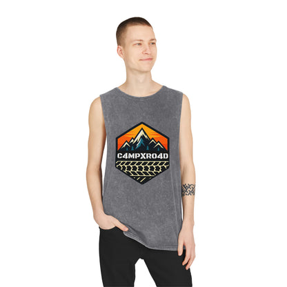 C4MPXRO4D Hexa Shield Camper Badge Tank Top | stonewash black, retro stencil logo