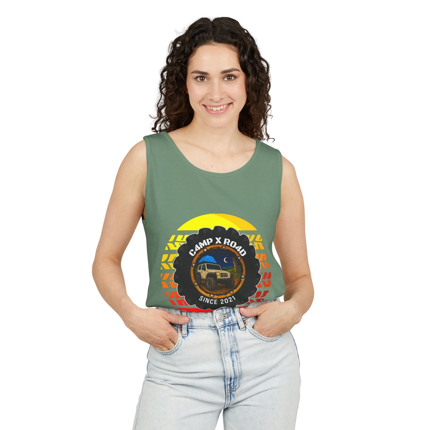 C4MPXRO4D Summer Camper Badge Tank Top | Graphic camping text tee