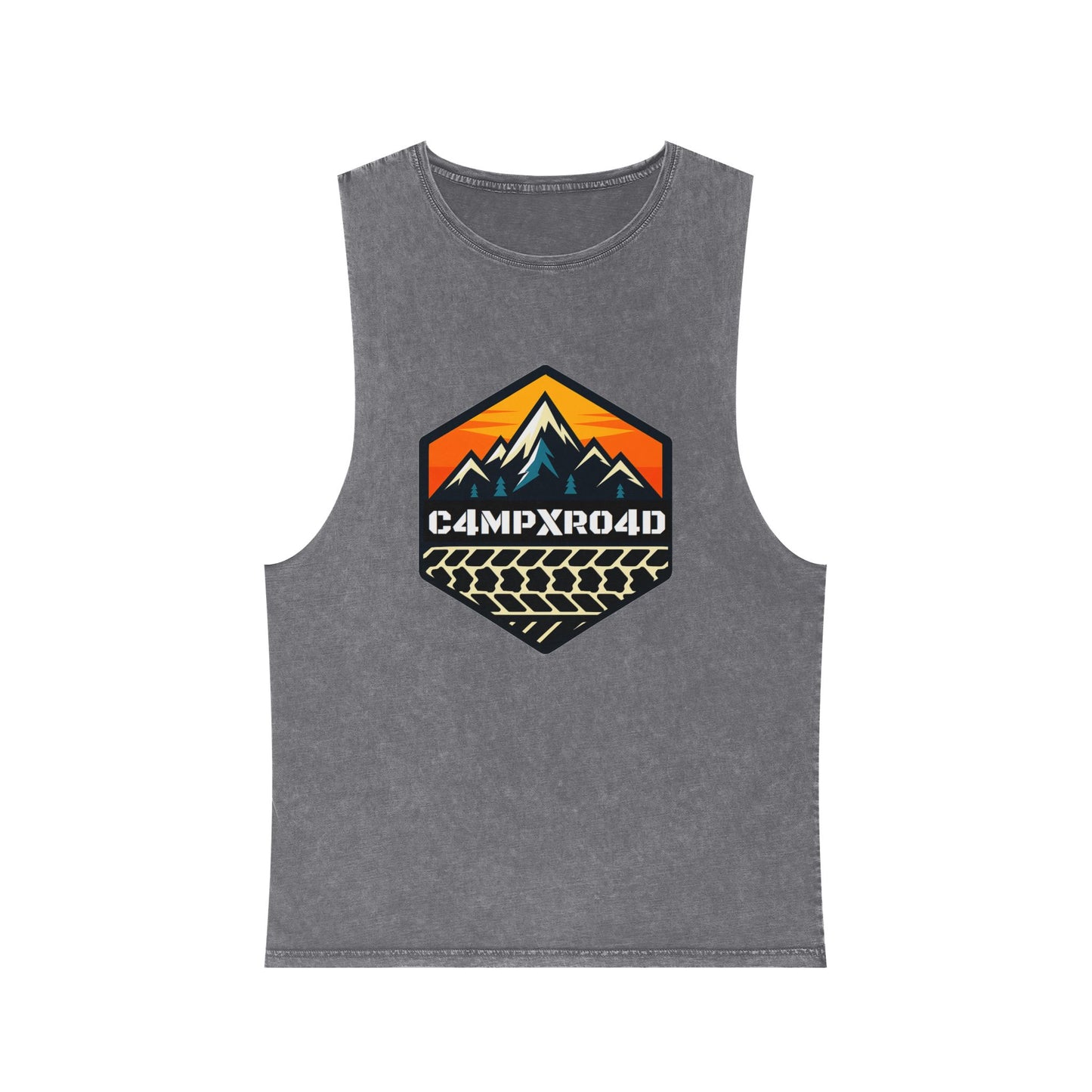 C4MPXRO4D Hexa Shield Camper Badge Tank Top | stonewash black, retro stencil logo