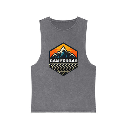 C4MPXRO4D Hexa Shield Camper Badge Tank Top | stonewash black, retro stencil logo