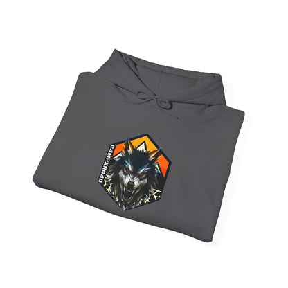 C4MPXRO4D Wolf Shield Camper Badge Hoodie | Black streetwear graphic sweatshirt