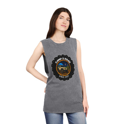 C4MPXRO4D Camper Badge Tank Top | stonewash black, retro stencil logo