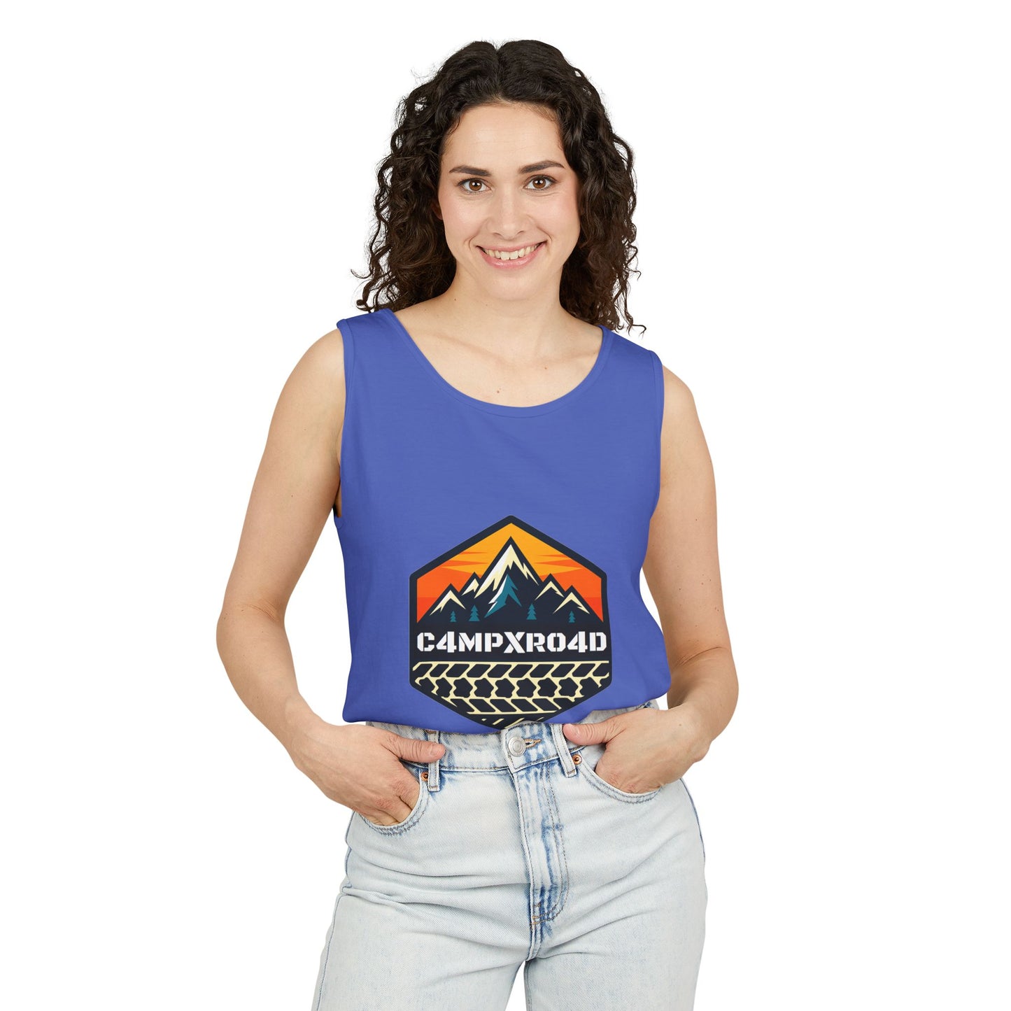 C4MPXRO4D Hexa Shield Camper Badge Tank Top | Graphic camping text tee