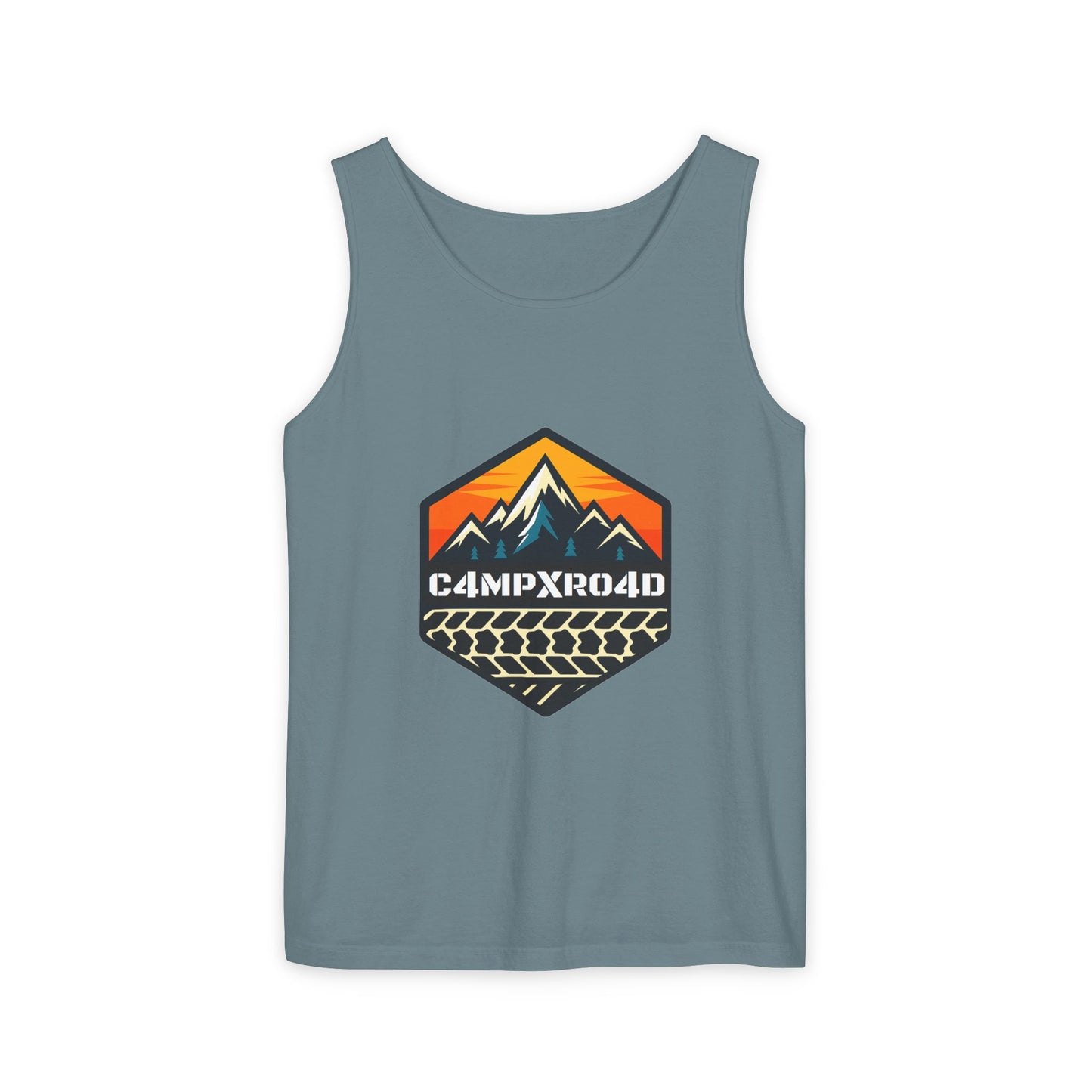 C4MPXRO4D Hexa Shield Camper Badge Tank Top | Graphic camping text tee