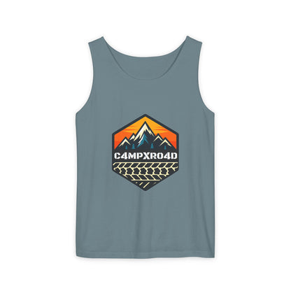 C4MPXRO4D Hexa Shield Camper Badge Tank Top | Graphic camping text tee