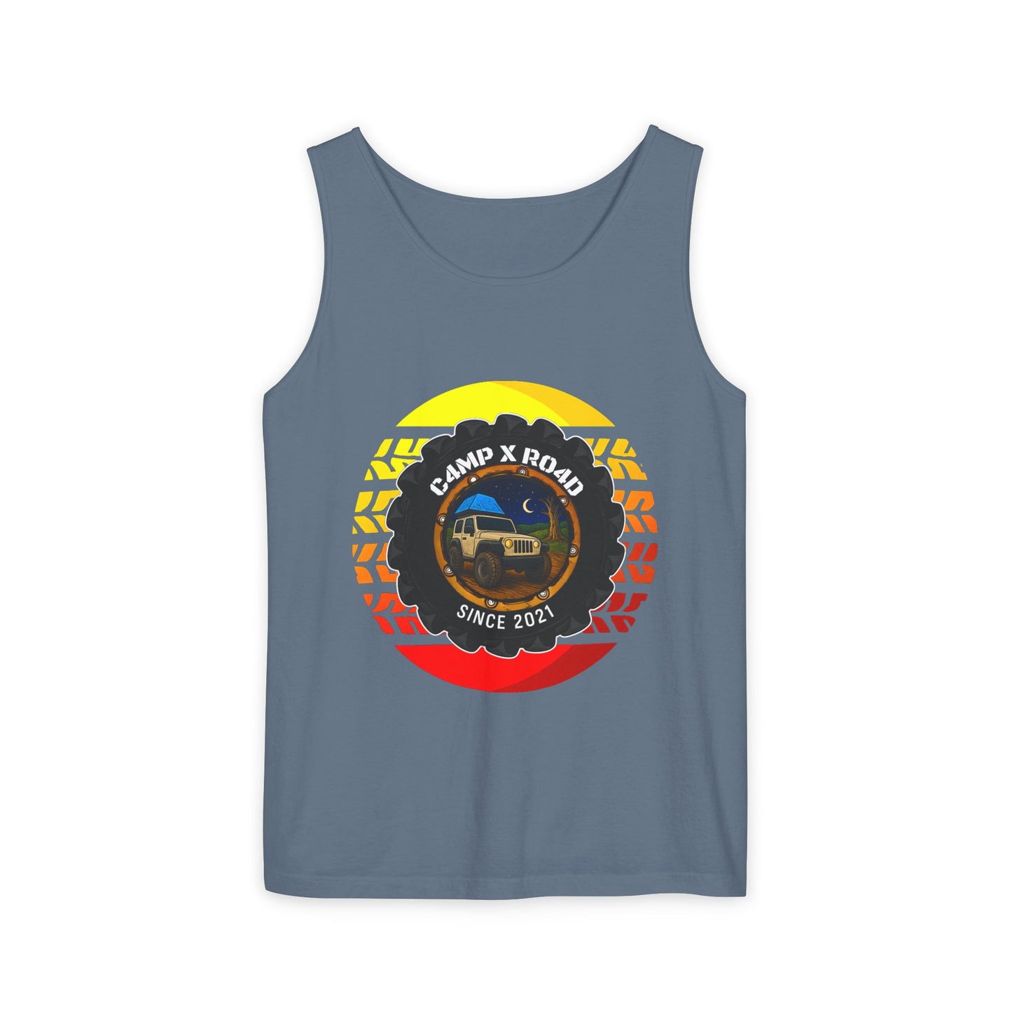 C4MPXRO4D Summer Camper Badge Tank Top | Graphic camping text tee
