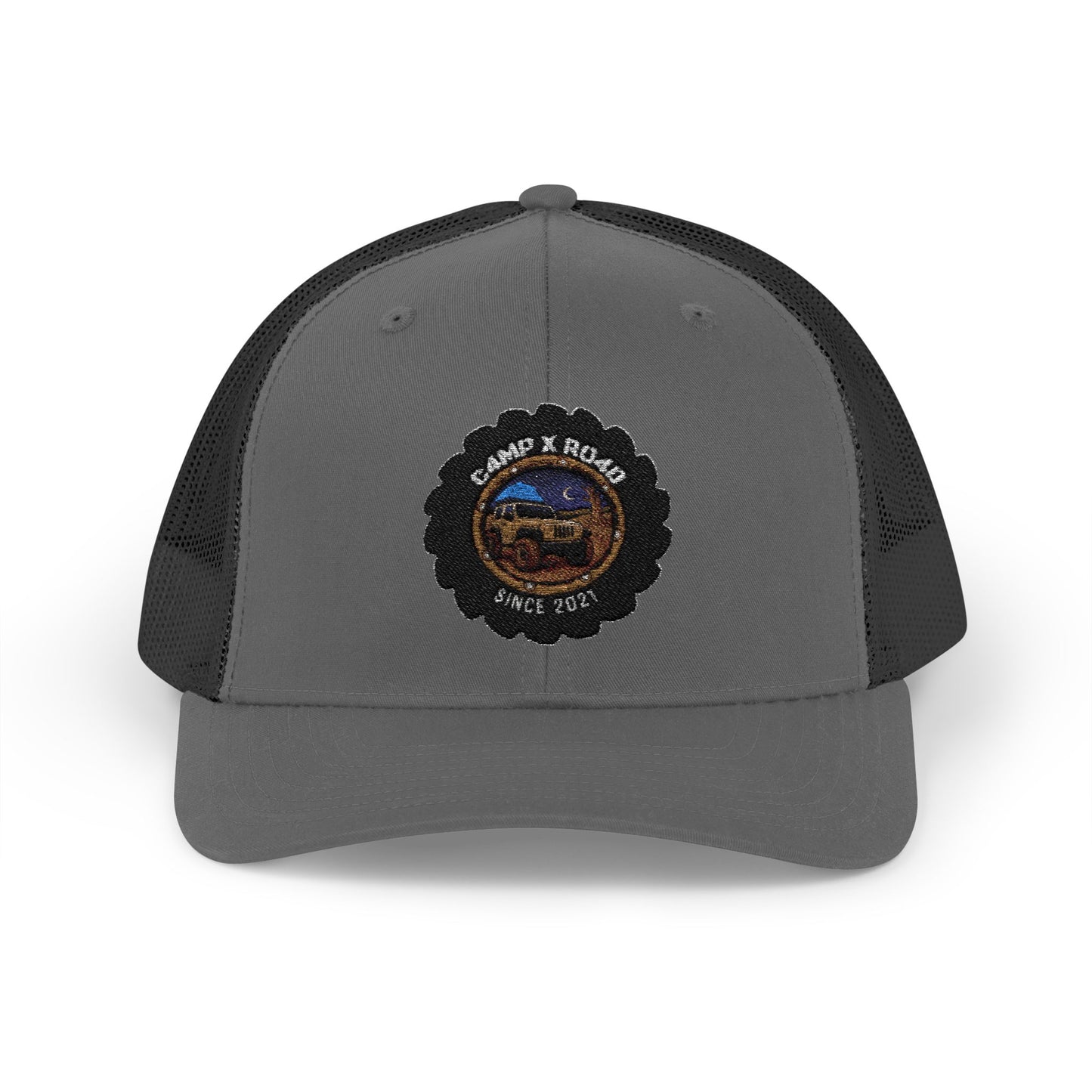 C4MPXRO4D Camper Badge Cap | Trucker Snapback Mesh Hat