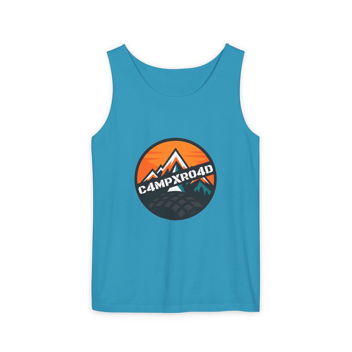 C4MPXRO4D Rounded Shield Camper Badge Tank Top | Graphic camping text tee