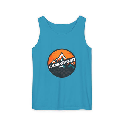 C4MPXRO4D Rounded Shield Camper Badge Tank Top | Graphic camping text tee