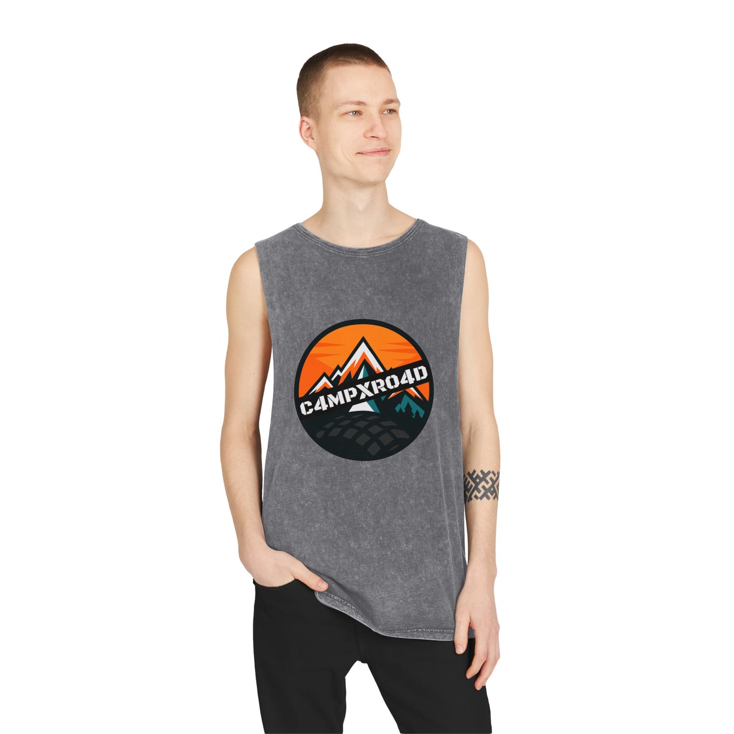 C4MPXRO4D Rounded Shield Camper Badge Tank Top | stonewash black, retro stencil logo