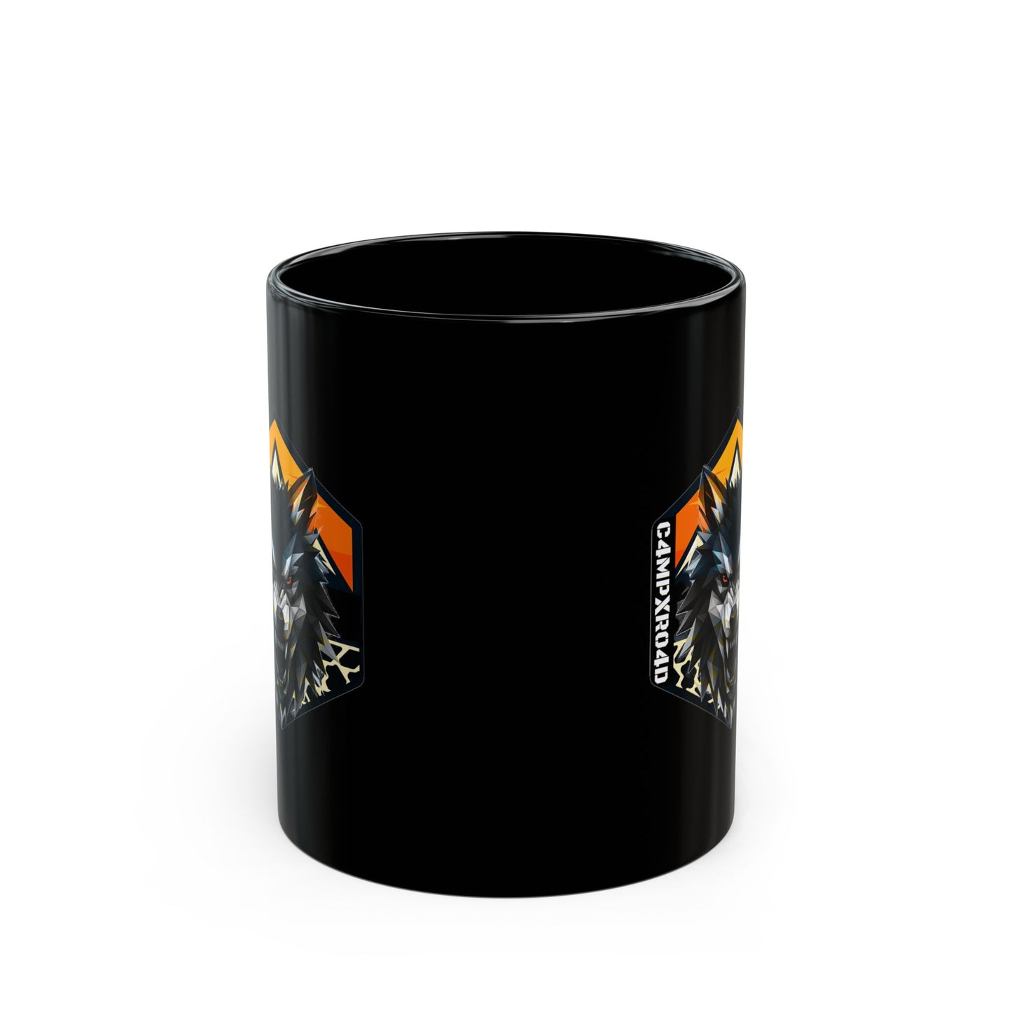C4MPXRO4D Wolf Shield Camper Badge Mug | Black Ceramic Coffee Mug