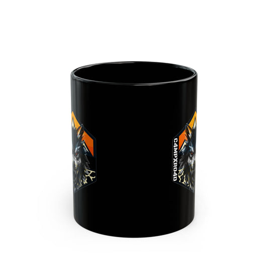 C4MPXRO4D Wolf Shield Camper Badge Mug | Black Ceramic Coffee Mug