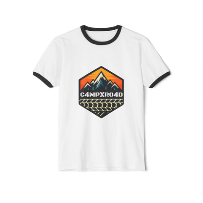 C4MPXRO4D Hexa Shield Camper Badge T-Shirt | ringer style