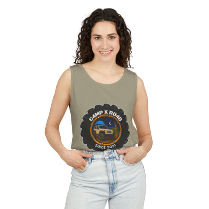 C4MPXRO4D Camper Badge Tank Top | Graphic camping text tee