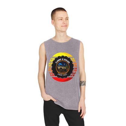C4MPXRO4D Summer Camper Badge Tank Top | stonewash black, retro stencil logo