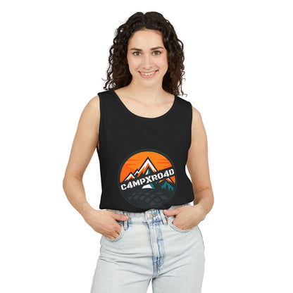 C4MPXRO4D Rounded Shield Camper Badge Tank Top | Graphic camping text tee