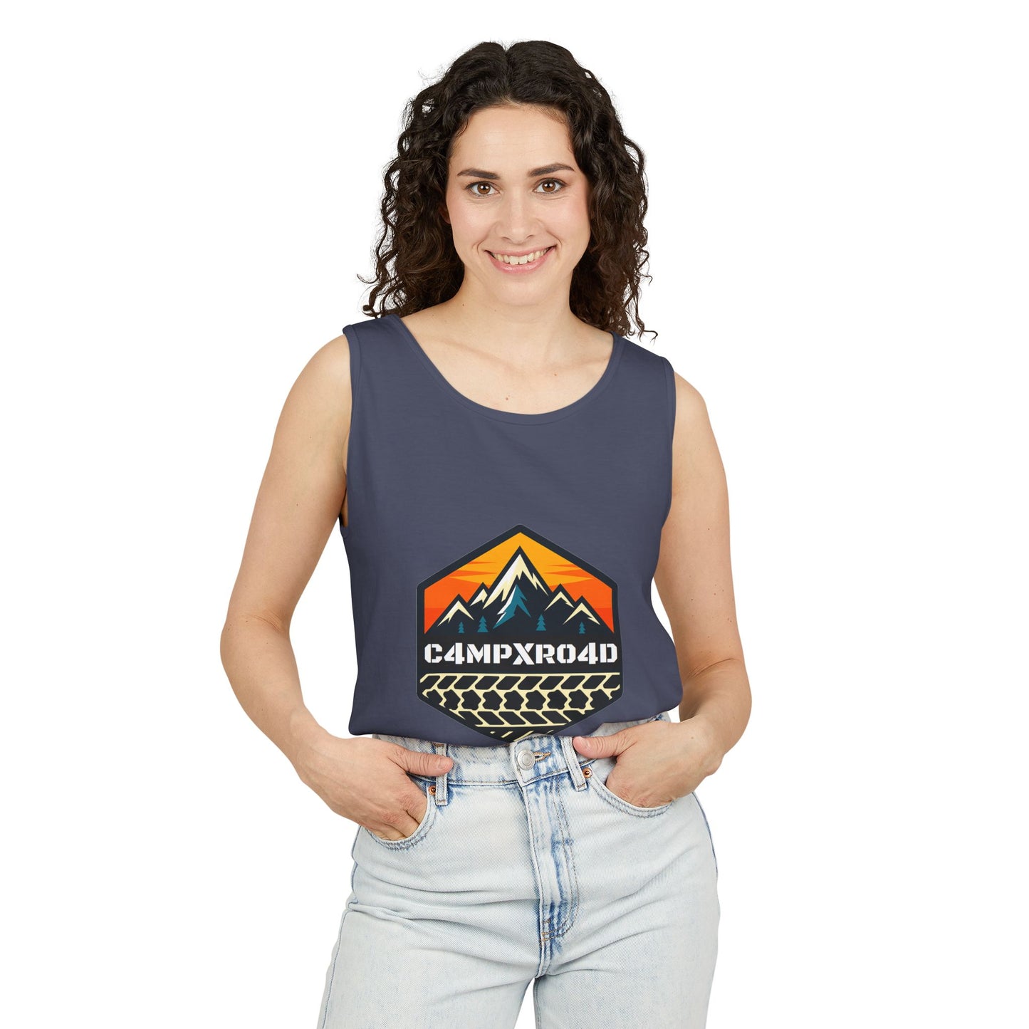 C4MPXRO4D Hexa Shield Camper Badge Tank Top | Graphic camping text tee