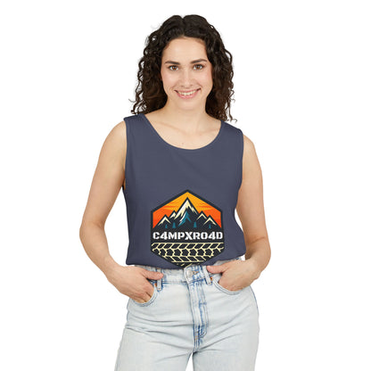 C4MPXRO4D Hexa Shield Camper Badge Tank Top | Graphic camping text tee