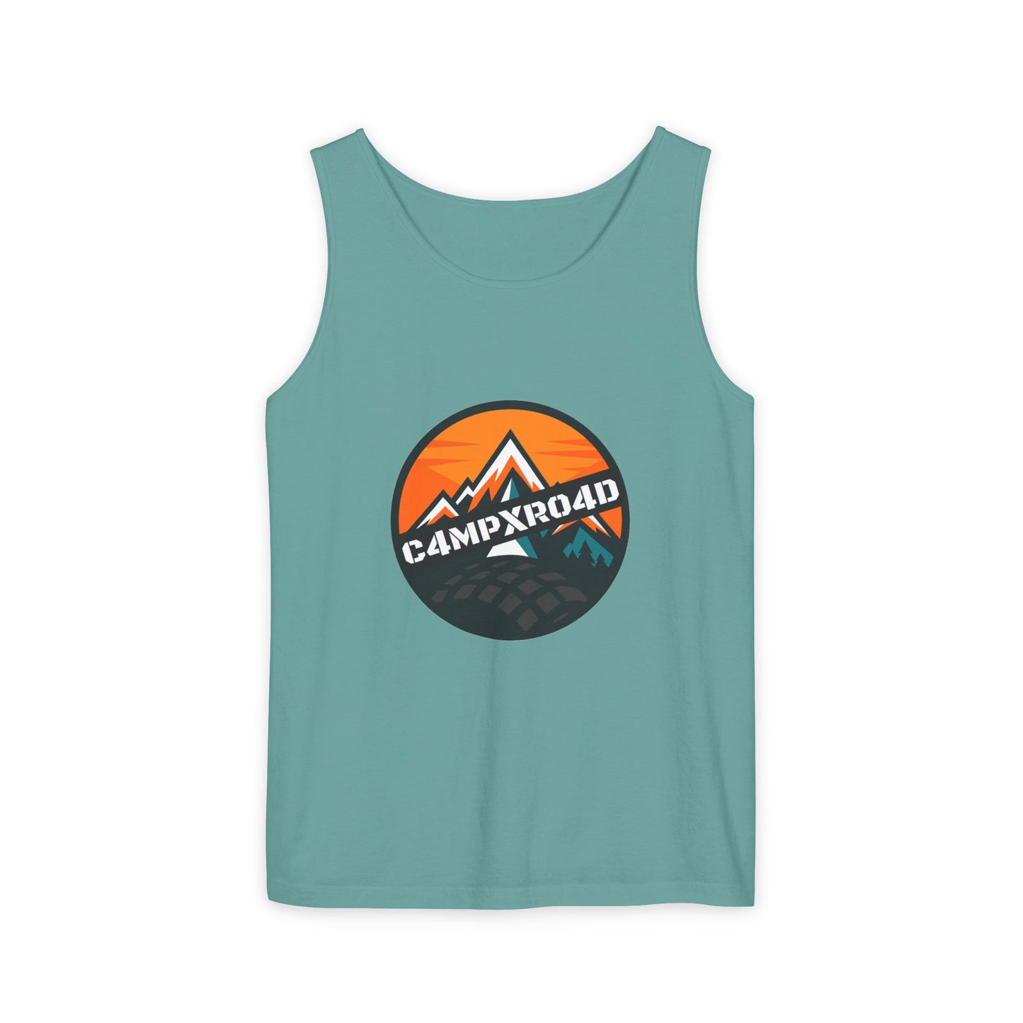 C4MPXRO4D Rounded Shield Camper Badge Tank Top | Graphic camping text tee