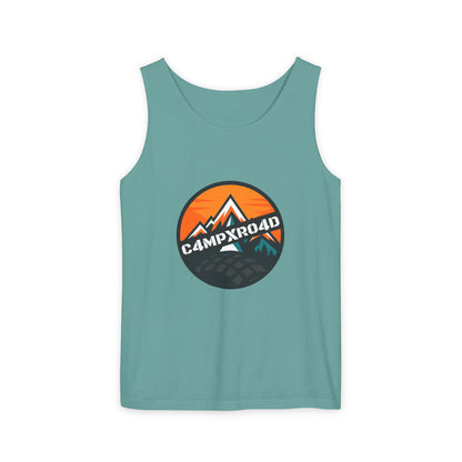 C4MPXRO4D Rounded Shield Camper Badge Tank Top | Graphic camping text tee