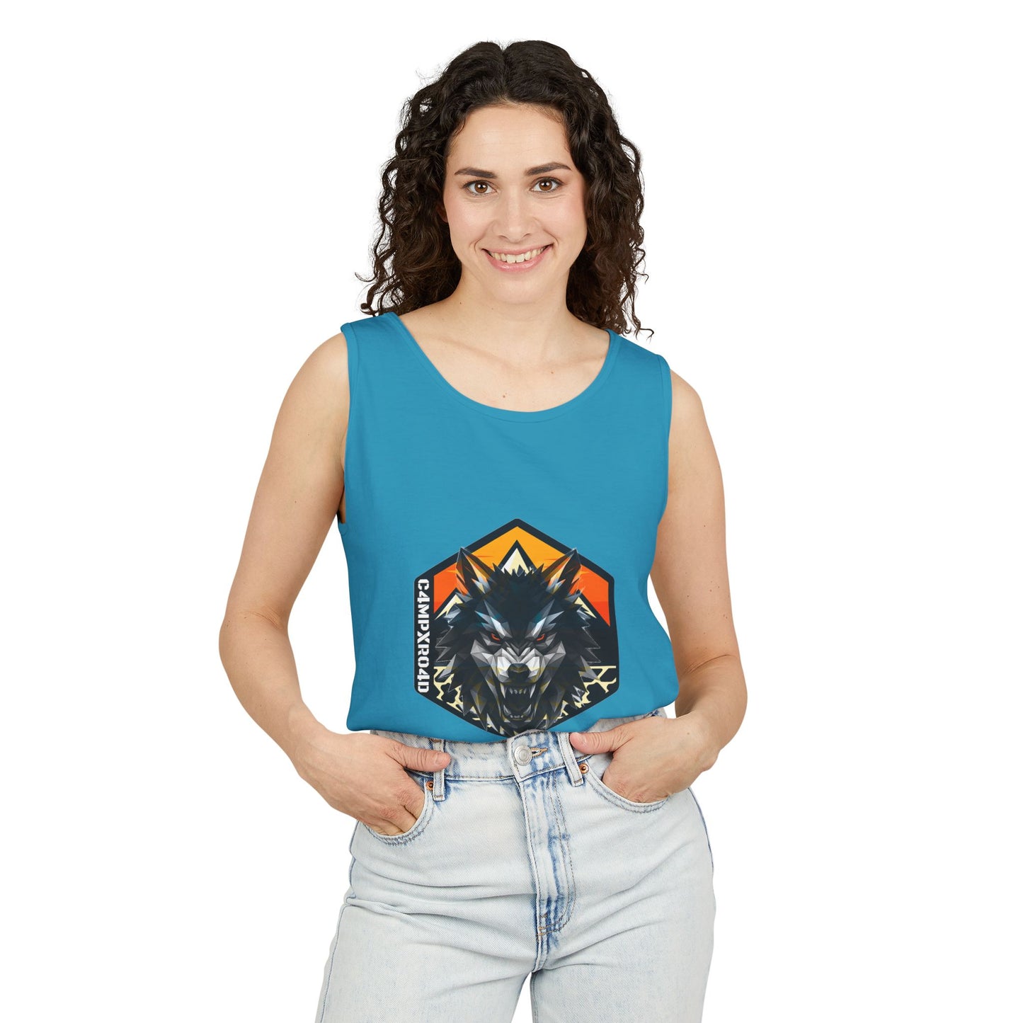 C4MPXRO4D Wolf Shield Camper Badge Tank Top | Graphic camping text tee