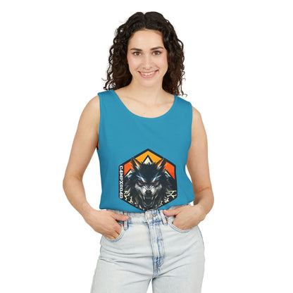 C4MPXRO4D Wolf Shield Camper Badge Tank Top | Graphic camping text tee