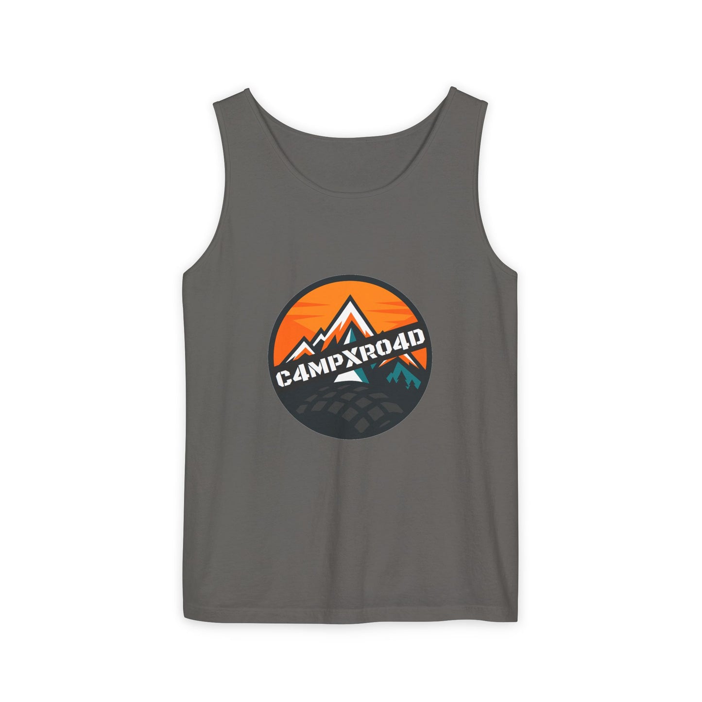 C4MPXRO4D Rounded Shield Camper Badge Tank Top | Graphic camping text tee