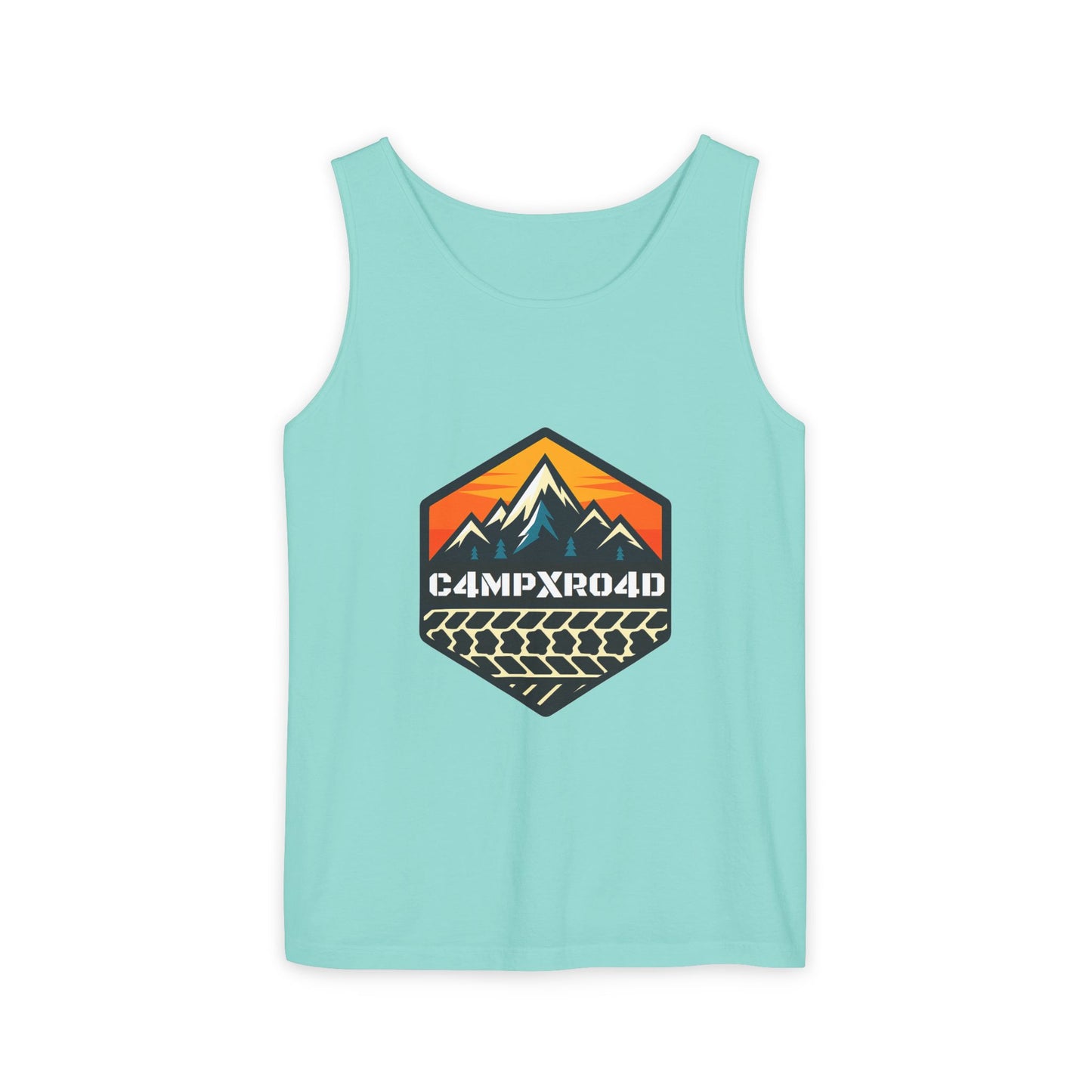 C4MPXRO4D Hexa Shield Camper Badge Tank Top | Graphic camping text tee